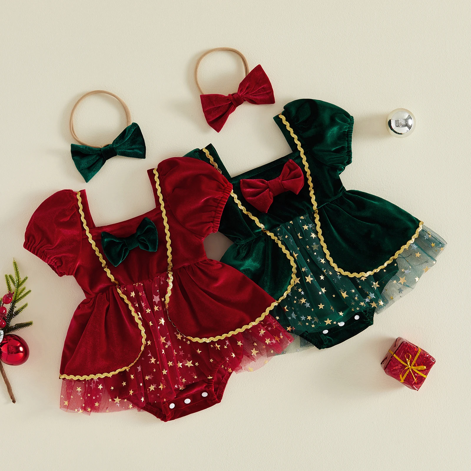 Baby Girl Velvet Christmas Outfit Decorative Bow Star Mesh Short Sleeve Romper Dress Bow Headband Xmas Costume 2 Pcs Set