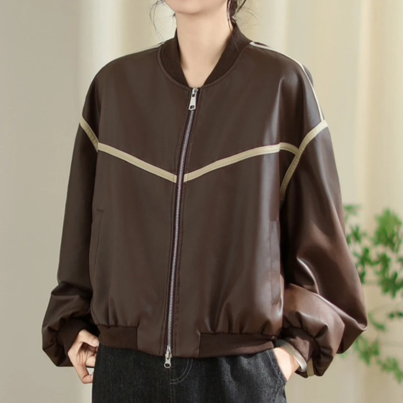 Masss Wasss Autunno Donna Tempo libero Moda allentata Giacche classiche in PU Giacche a vento vintage da donna Cappotti eleganti con scollo a V in ecopelle