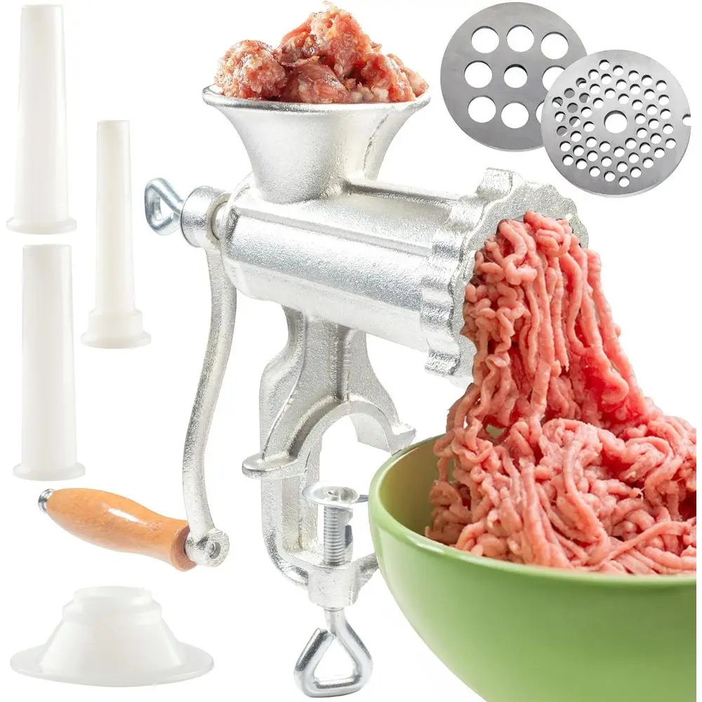 

Meat Grinder w Tabletop Clamp & 2 Cutting Disks, Cast Iron Heavy Duty Sausage Maker & Manual Meat Mincer- Homemade Burger Pattie
