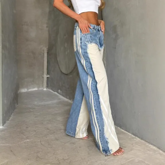 Street Splicing Jeans for Women's Autumn New Style Pants Contrast Striped Fringed Jeans