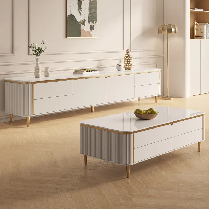 All solid wood TV cabinet coffee table combination small apartment light luxury modern simple new slate slate