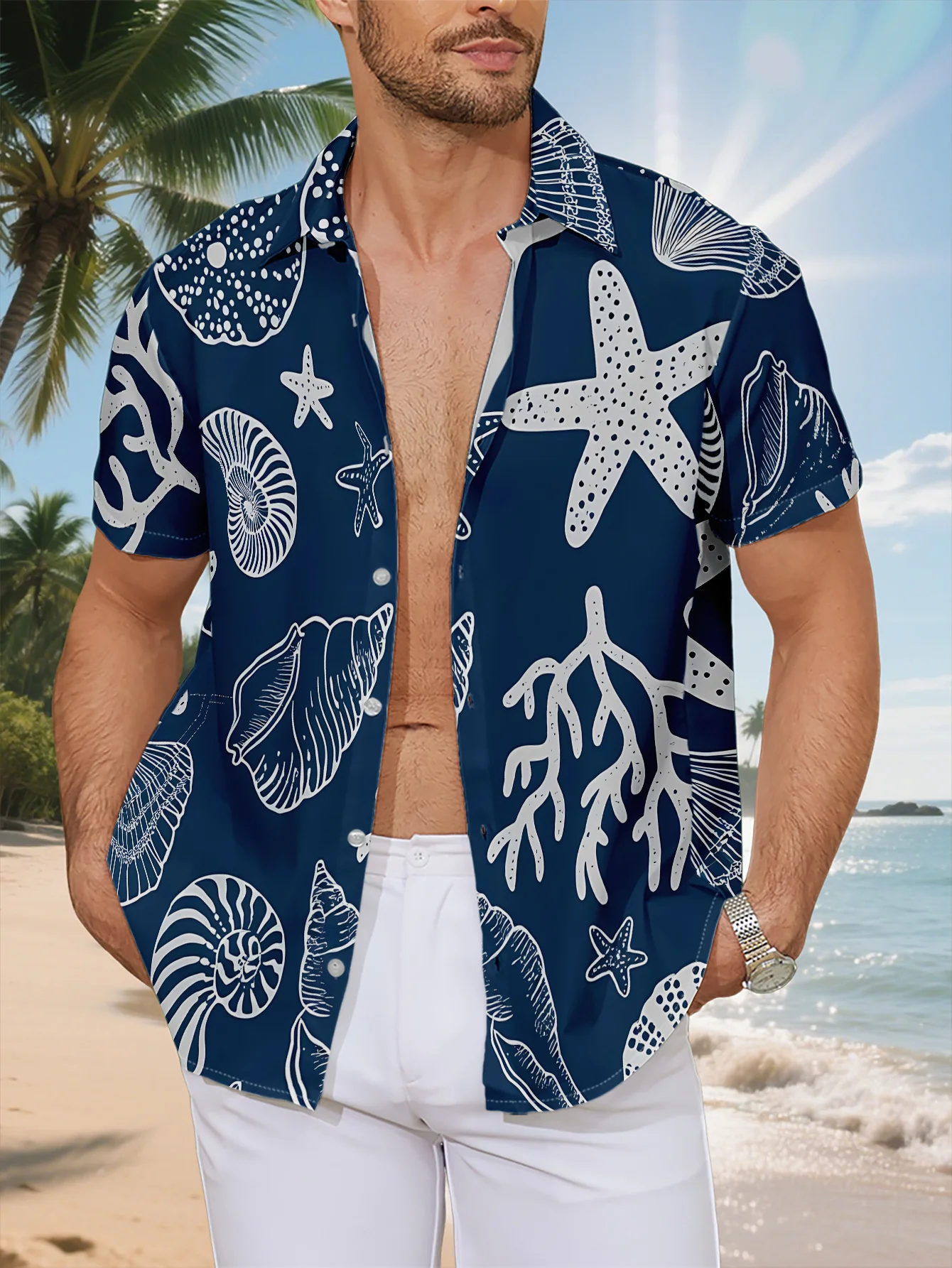 Camisa de Manga Corta Unisex con Estampado de Estrellas de Mar, Conchas y Corales, Cuello Camp Collar, Holgada, para Vacaciones, Color Blanco Marino