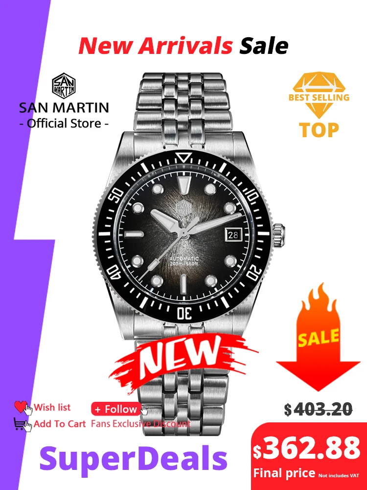 San Martin 37,5mm 40mm esmalte espiral Vortex Dial hombres reloj de buceo de lujo Miyota 9015 mecánico automático impermeable 200m SN0148