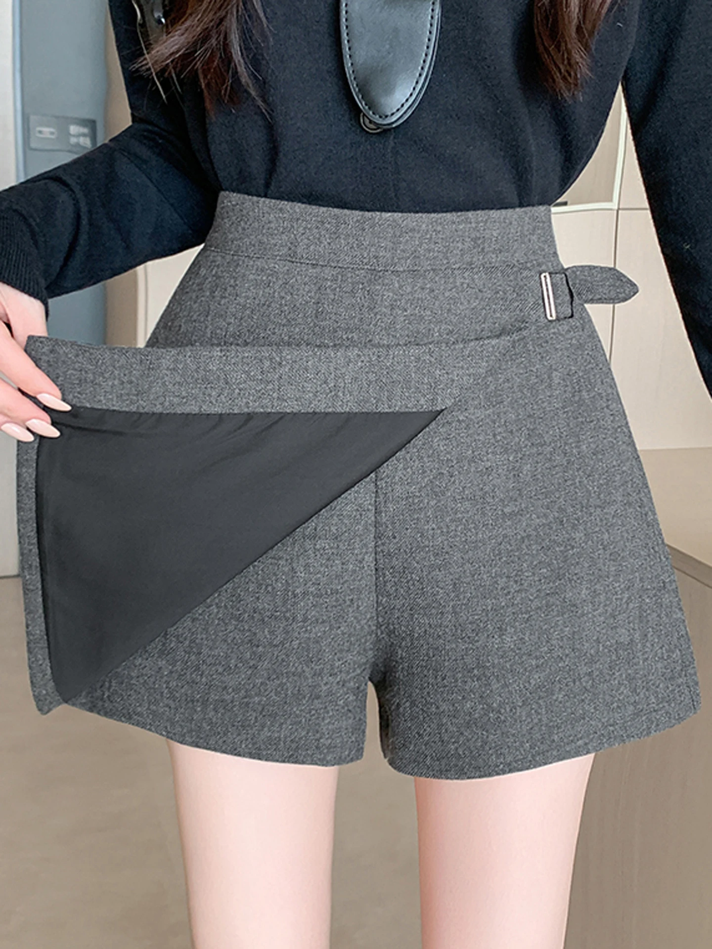 تنورة صوفية قصيرة رمادية عالية الخصر للنساء، تصميم جديد للخريف والشتاء، تنورة نحيفة عملية متعددة الاستخدامات على شكل حرف A