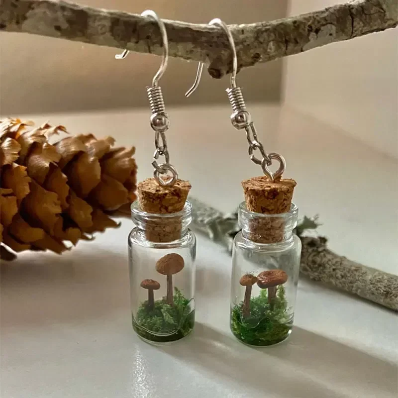 Real Mushroom Earrings Jar/Bottle Mushroom Glass Container Moss Earring Cabin Leprechaun Natural Dry Moss Magic Gift Forest Core