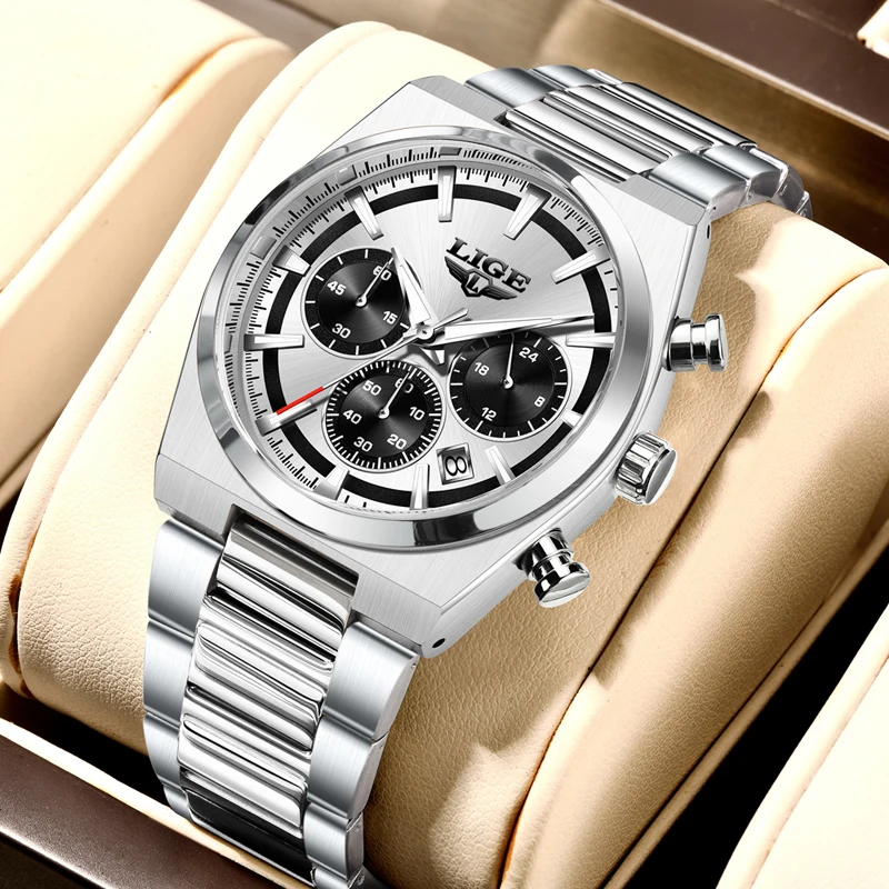 LIGE Original Fashion Men Clock Waterproof Luminous Chronograph Date Watch For Man Stainless Steel Quartz Men's Watches Male image 3