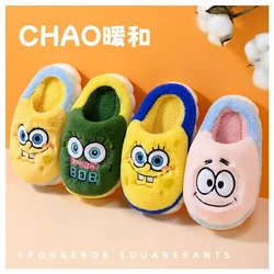 Anime Sponge Cute Bob Children's Thick Plush Slippers Kawaii Autumn Winter Warm Indoor Anti Slip Home Shoes Cartoon Cotton Shoes