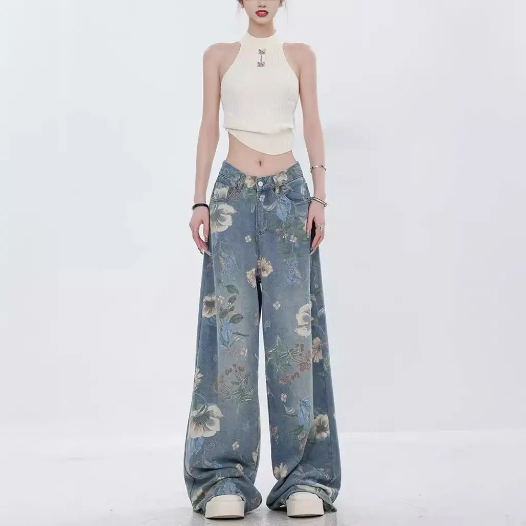 Pantalones vaqueros de pierna ancha con estampado completo de flores para hombre y mujer, pantalones de fregona ajustados rectos con efecto lavado, novedad de verano