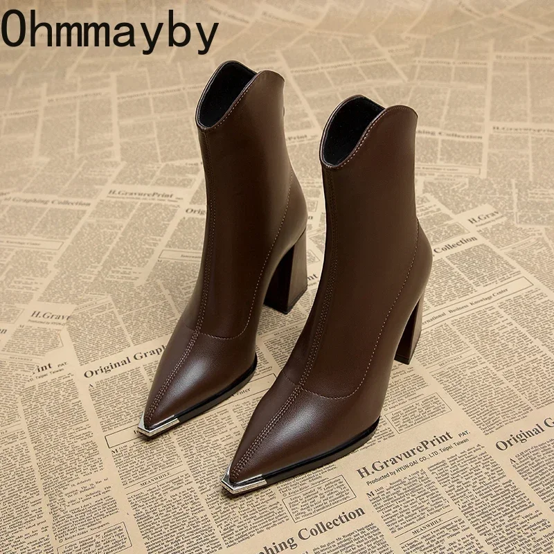 Pointed Toe Women\'s Ankle Boots Fashion Back Zippers Short Botas Ladies Elegant Square High Heel Winter Women\'s Footwear