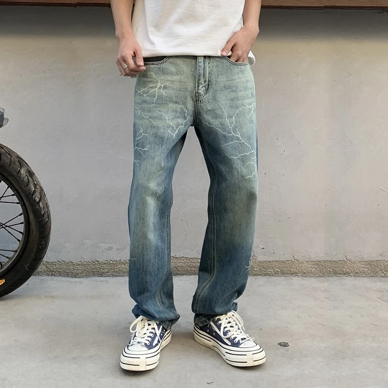 

Fashion Brand Washed Burnt Flower Printed Hip Hop Jeans Men's Loose Straight West Coast High Street Wide-Leg Pants