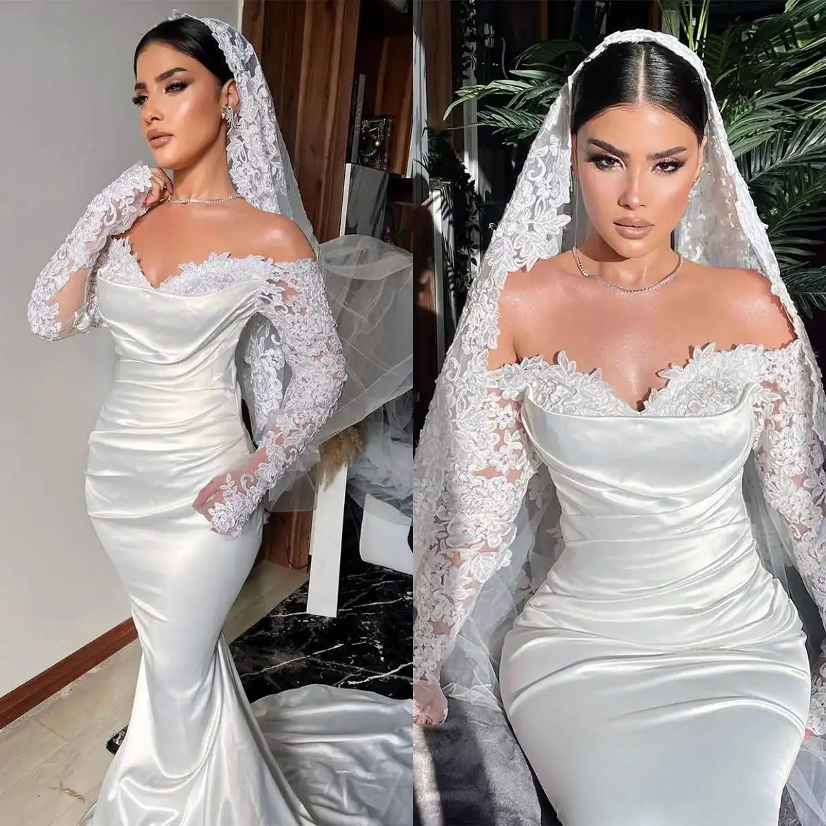 Sexy Mermaid Wedding Dress Lace Off Shoulder Long Sleeve Bride Gown With Veil Sweep Train Satin Bridal Dresses Custom Made