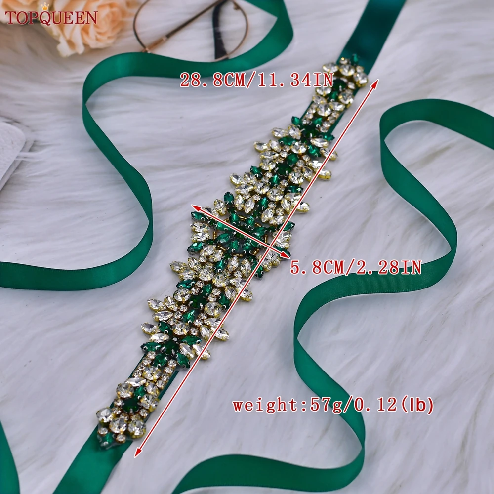 TOPQUEEN Bridal Wedding Belt Handmade Moroccan Rhinestone Belt Banquet Dress Accessories Green Jewelry Applique S319-KL