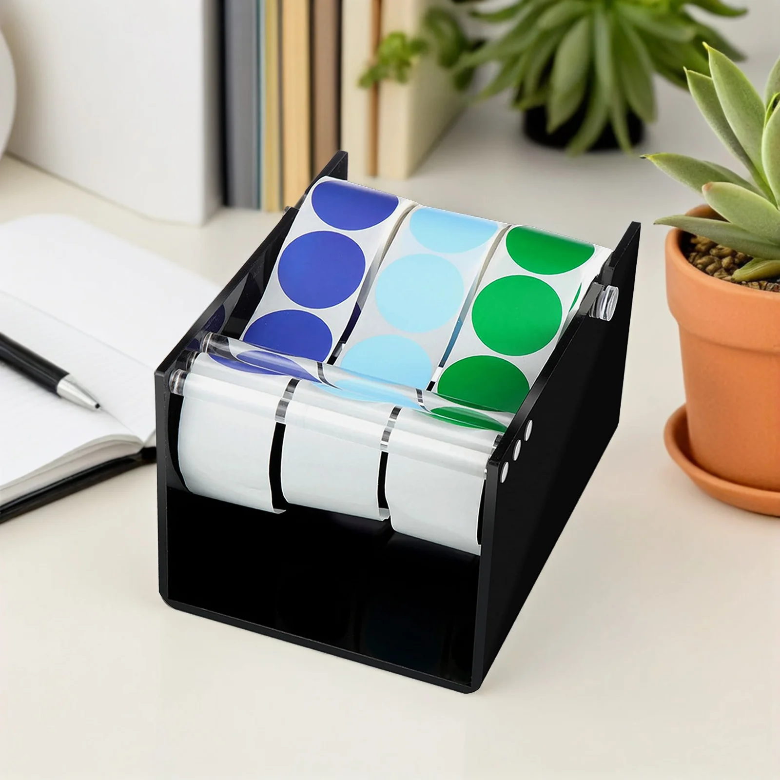 حامل موزع الملصقات منظم سطح المكتب من الأكريليك قابل للتعديل لفات الشريط اللاصق لفة ملصقات التعبئة والتغليف بالتجزئة في المستودعات