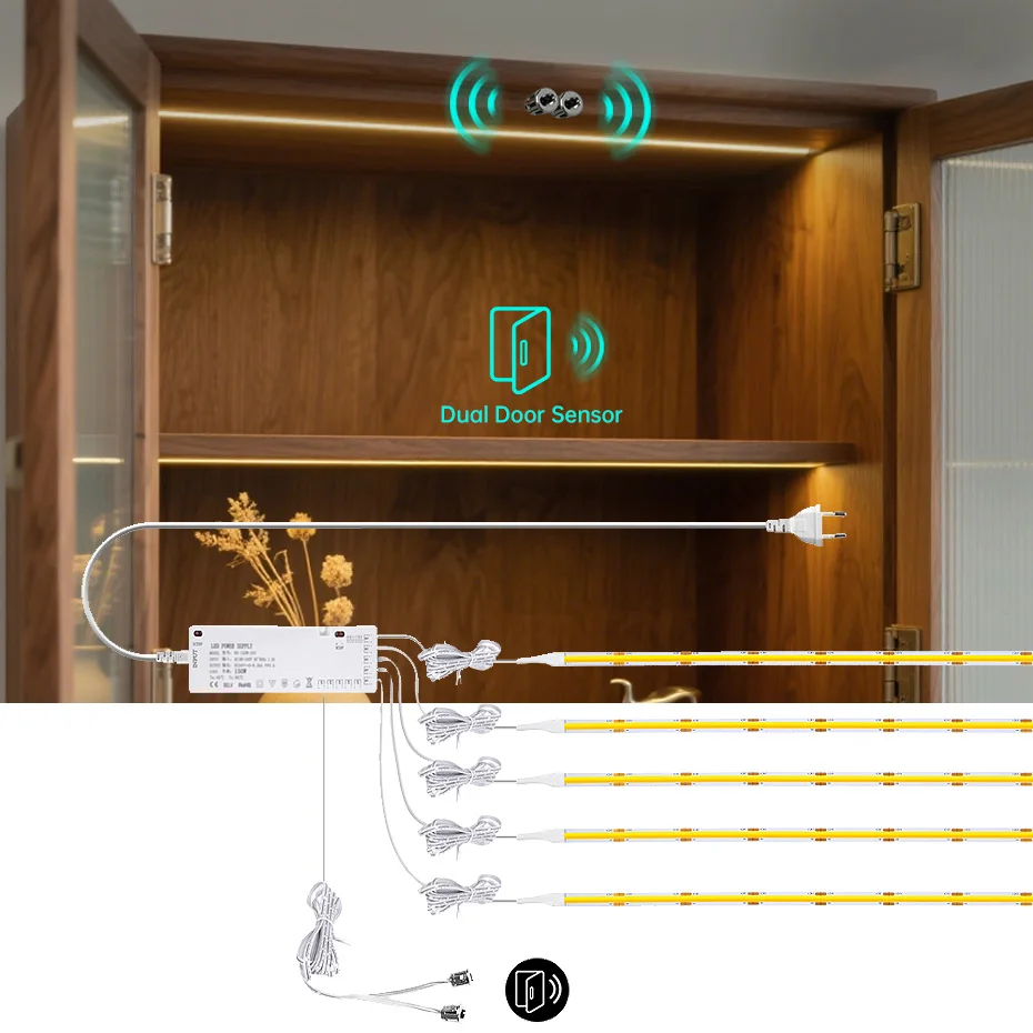Dual Door Motion Control COB LED Strip 24V 1m-5m with Adhesive Backing for Kitchen Wardrobe Shelf Pantry Showcase Lighting