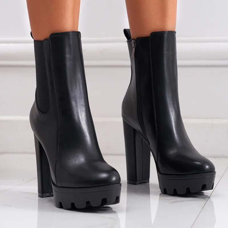 

High heels winter versatile fashion women's thick heel waterproof platform black boots women's midsole boots