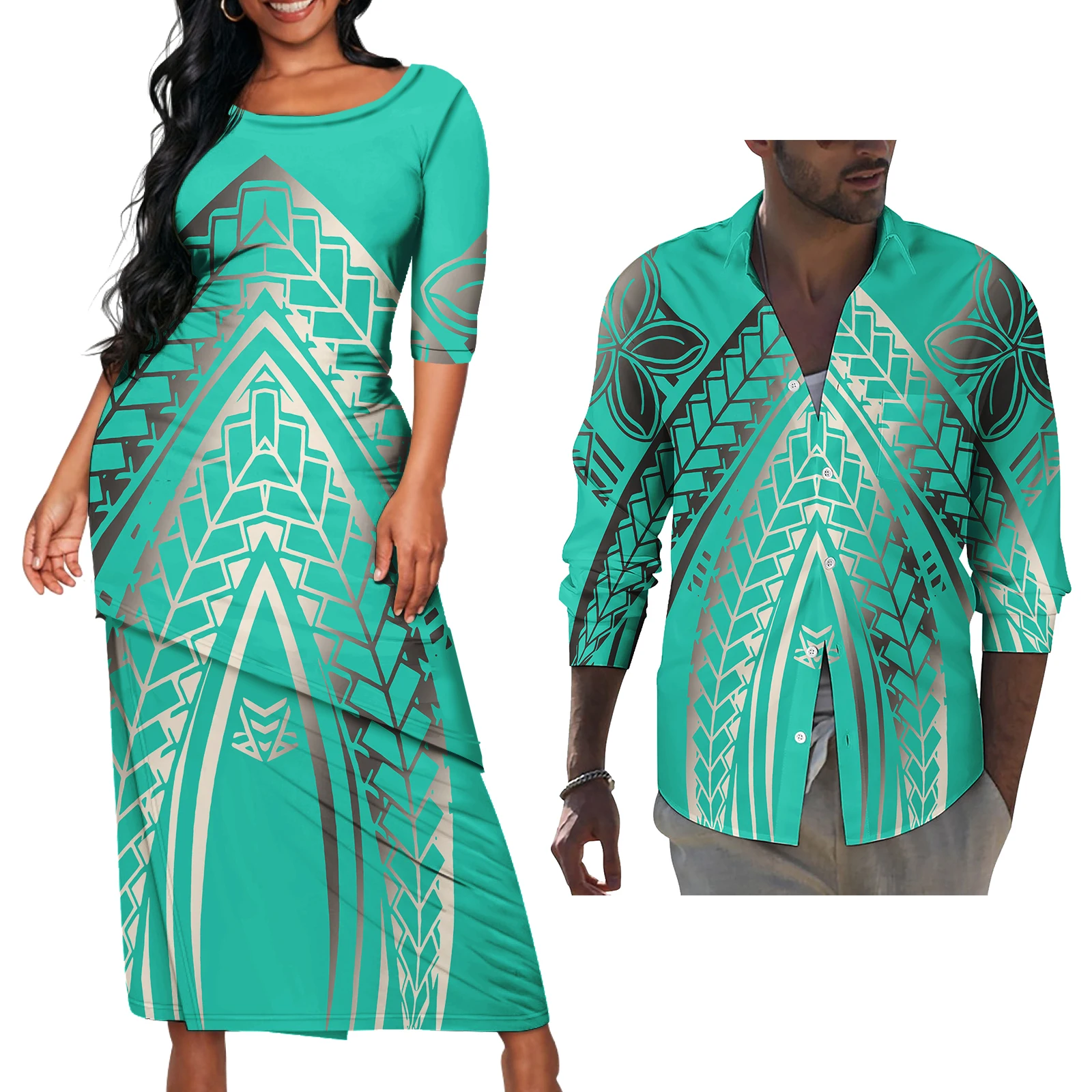 Women Custom Polynesian Tongan Fijian Tribal Pacific Island Two Pieces Set Dress Designs Couples Matching Outfits Dress