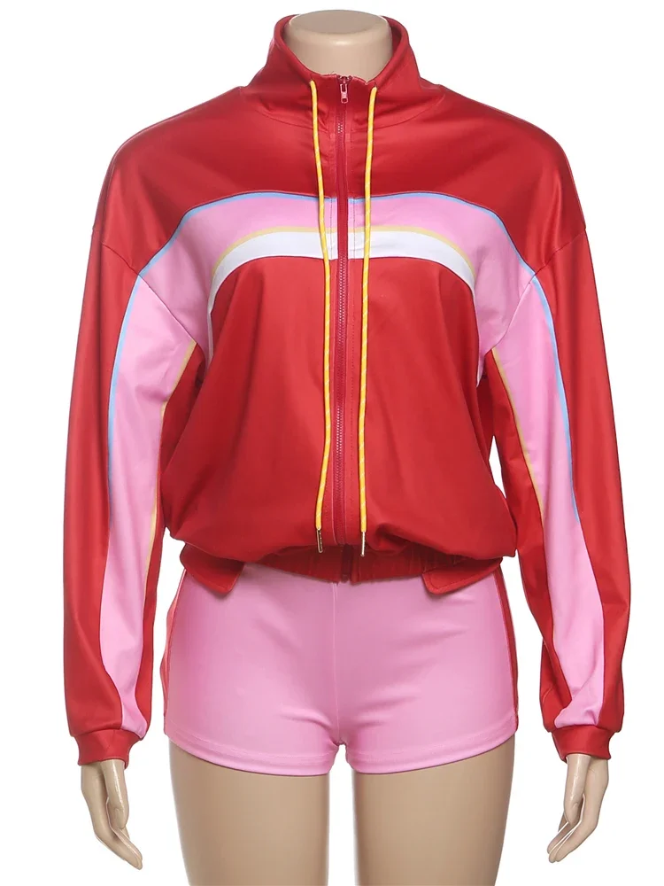 

Sisterlinda Panelled Casual 2 Piece Set Hipster Sporty Sweet Zip-up High Collar Full Sleeve Coats+Elastic Waist Shorts Tracksuit