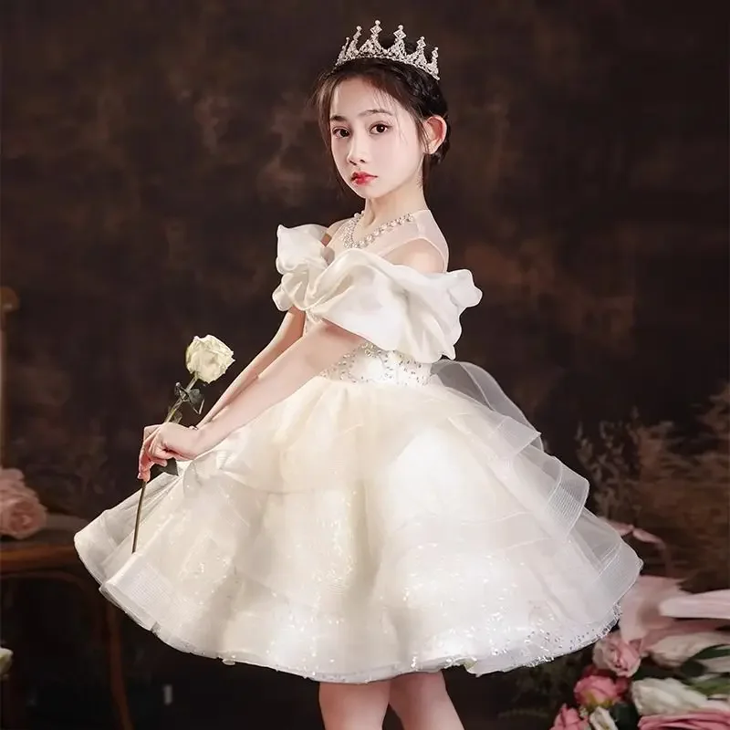 소녀의 멋진 드레스, 꽃 소녀 결혼식, 어린 소녀의 10번째 생일, 고급 피아노 연주 의상, 여름