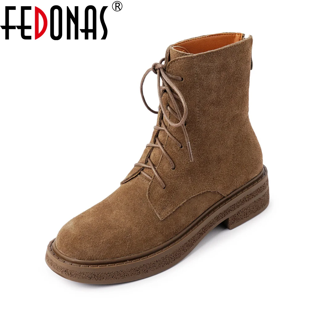 

FEDONAS New Women Cow Suede Leather Ankle Boots Thick High Heels Motorcycle Boots Retro Round Toe Warm Autumn Winter Shoes Woman