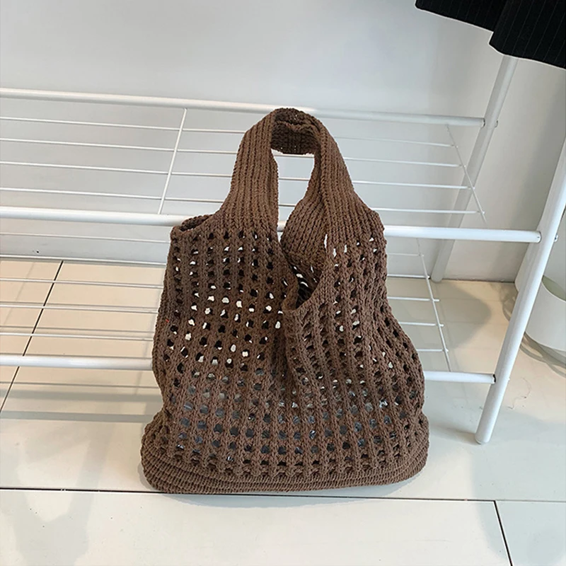 Vintage Hohl Design Gewebt Frauen Schulter Tasche Stricken Große Kapazität Handtaschen Sommer Reise Shopper Tote Für Damen Strand Taschen – Detail 4