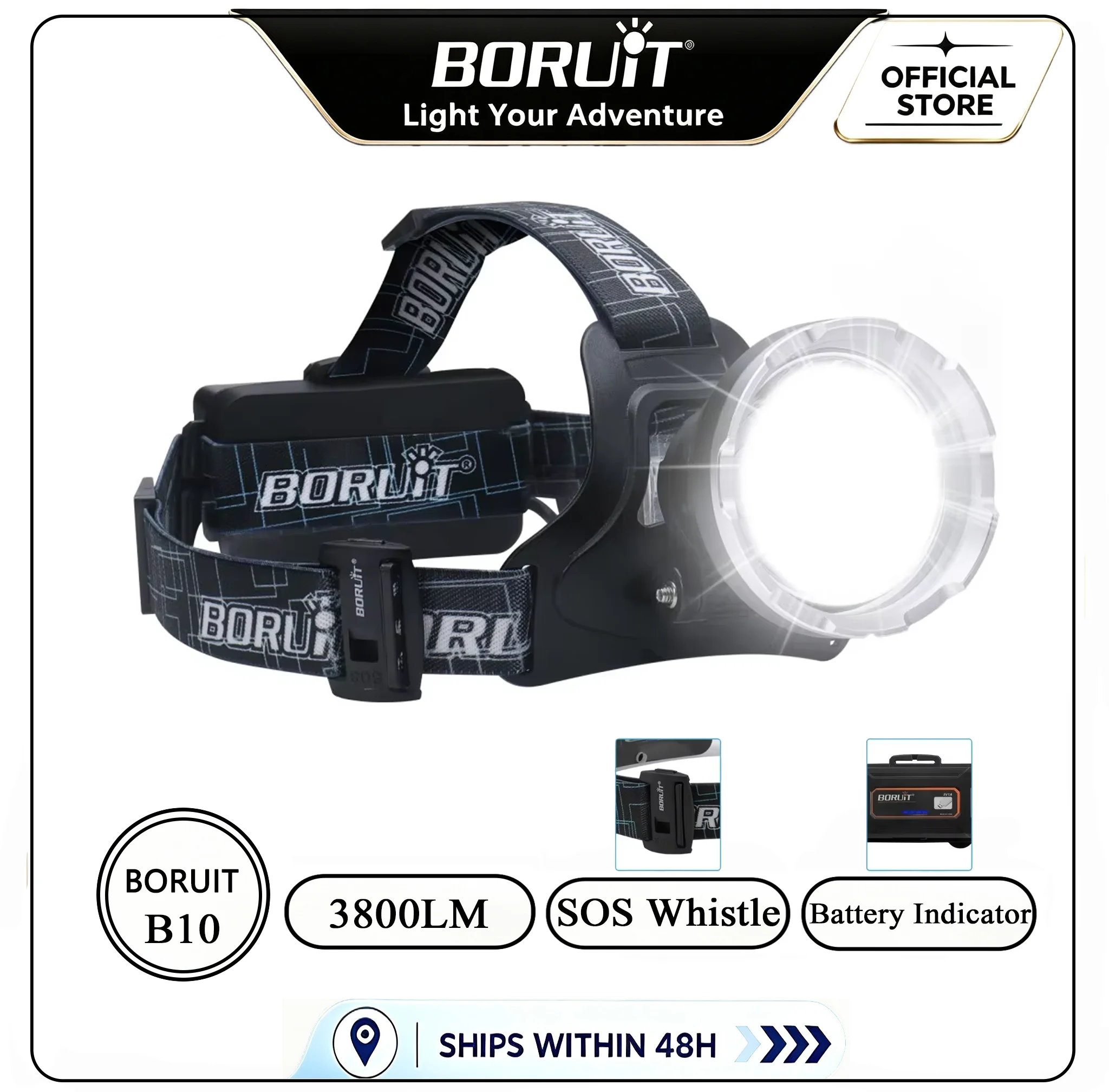 BOIRUiT B10 3800LM LED Headlamp Powerful 3-Mode Rechargeable 18650 Battery Waterproof Headlight for Camping And Hunting