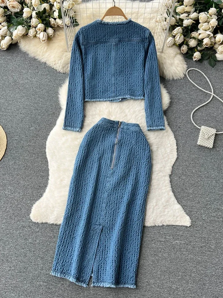 Costume en Denim tricoté pour femme, tenue de bureau, manches longues, chemisier + jupe longue fendue, Vintage, styliste de mode, ensemble 2 pièces, automne 2024