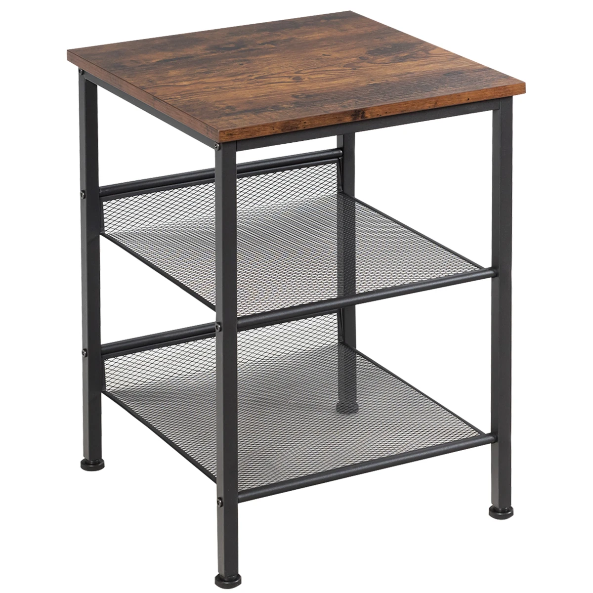 

3-Tier Industrial End Side Table Nightstand W/2 Adjustable Shelves Rustic Brown