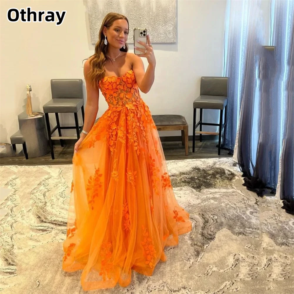 

Othray A-line Sexy Flower Embroidery Tulle Sleeveless Formal Evening Dress Floor Length Princess Sweetheart Lace Prom Gown