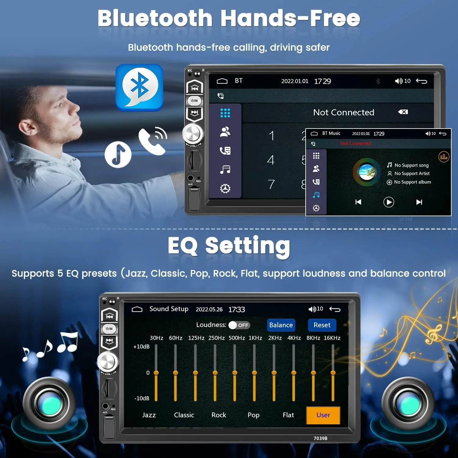 Radio à écran tactile CarPlay Android Auto simple Din de 7 pouces avec Bluetooth 5.1, FM, USB, AUX, TF, SD, SWC, EQ, rétro-éclairage, télécommande, P