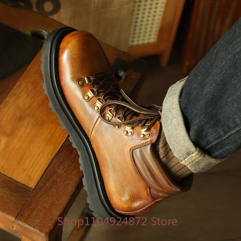 American Retro Round Toe Genuine Leather Work Boots Men's Shoes Business Office Casual Cowhide Chelsea Oxford Ankle Boots Male