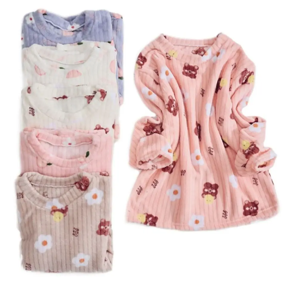 

Home Wear Cute Bear Velvet Sleepwear Set Flower Peach Pajama Suit Long Sleeve Nightwear Winter Thick Warm Pajamas Girl Gift