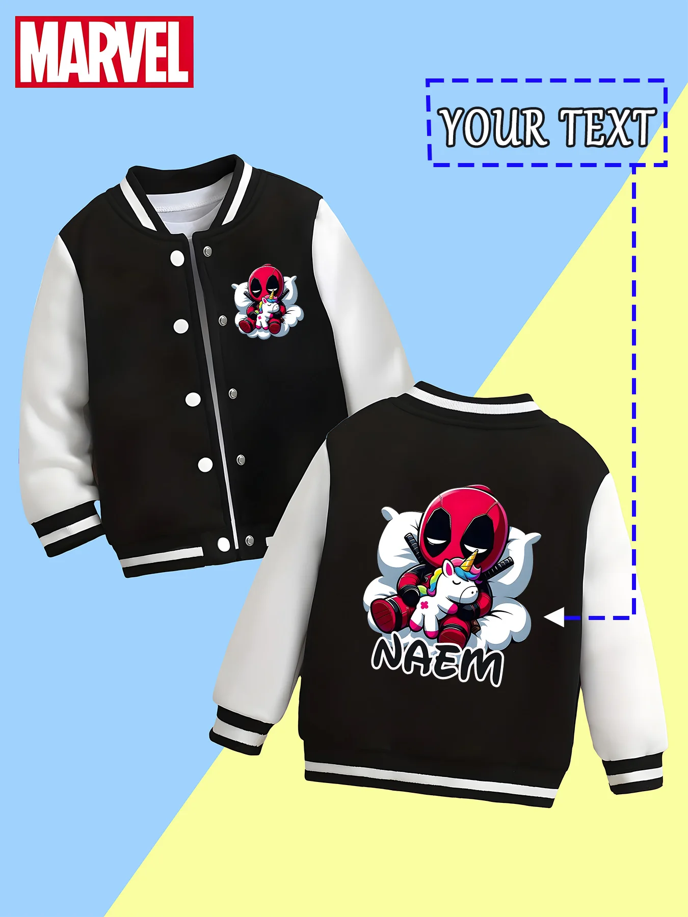 

MINISO Marvel Boys Baseball Jacket - Deadpool Holding Unicorn Cute Print, Soft and Skin-friendly and Easy to Care, Super Sweet f