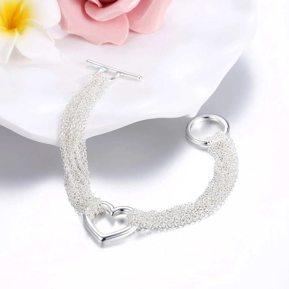 Versatile 925 Silver Tassel Heart Network Girl Bracelet with Love Pattern Commemorative Day Valentine's Day Birthday Gift