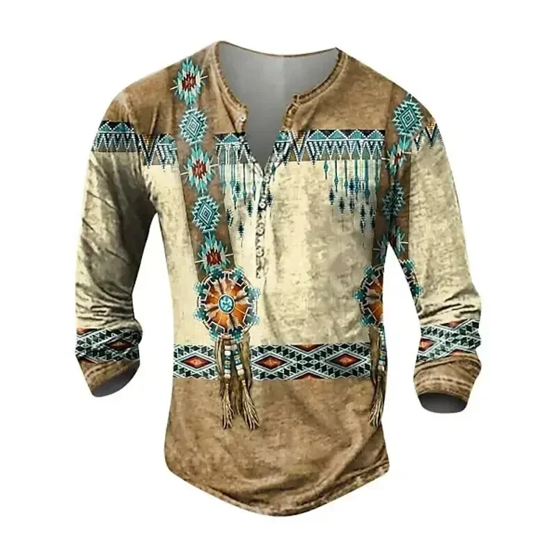 Indian Ethnic Style Henley Shirts 3D Print Shirt For Men Vintage Men\'s Clothing Button-Down Men\'s Casual Long Sleeve Shirts