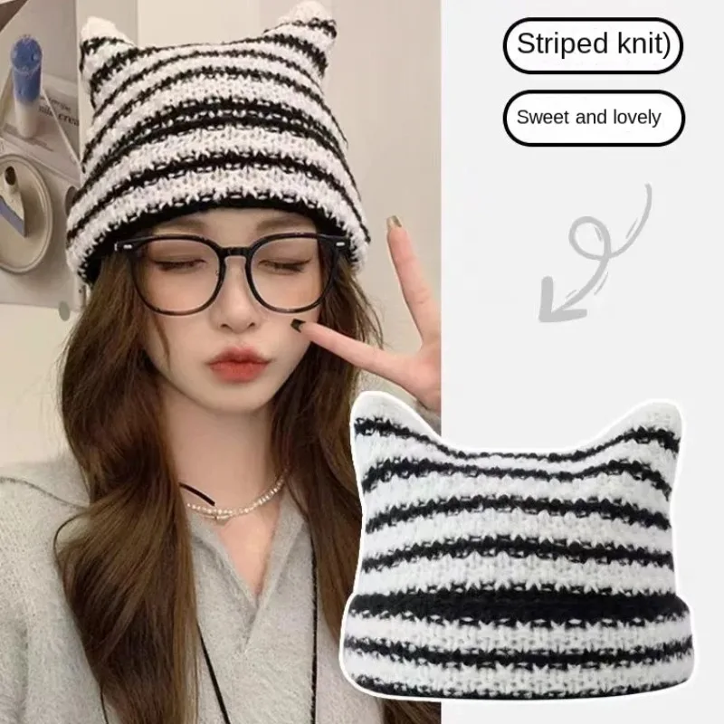 New Japanese Streetwear Harajuku Beanie Little Devil Striped Knitted Hat Women Girls Autumn Winter Cute Cat Ears Cap