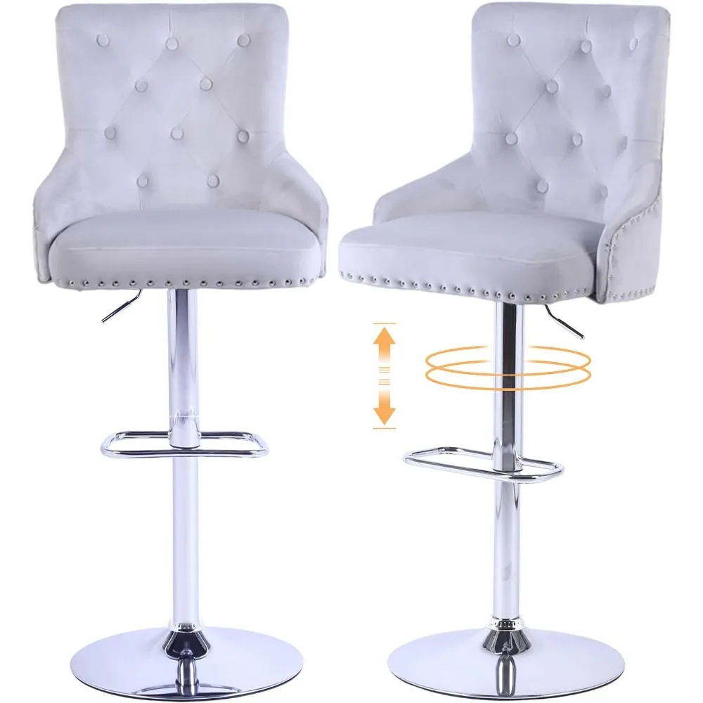 

Velvet Bar Stools Set of 2 - Modern Adjustable Height Kitchen Counter Chairs With Back, Footrest - Swivel Metal Frame