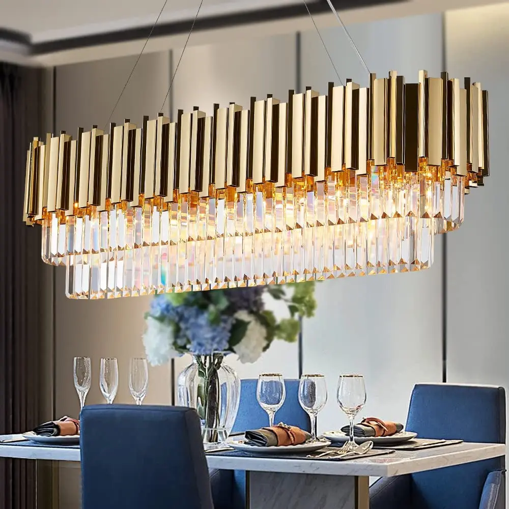 

Long Crystal Chandeliers Lights Golden Mirror stainless steel Pendant Ceiling Lights Chandelier Lamp Fixture for Dining Room