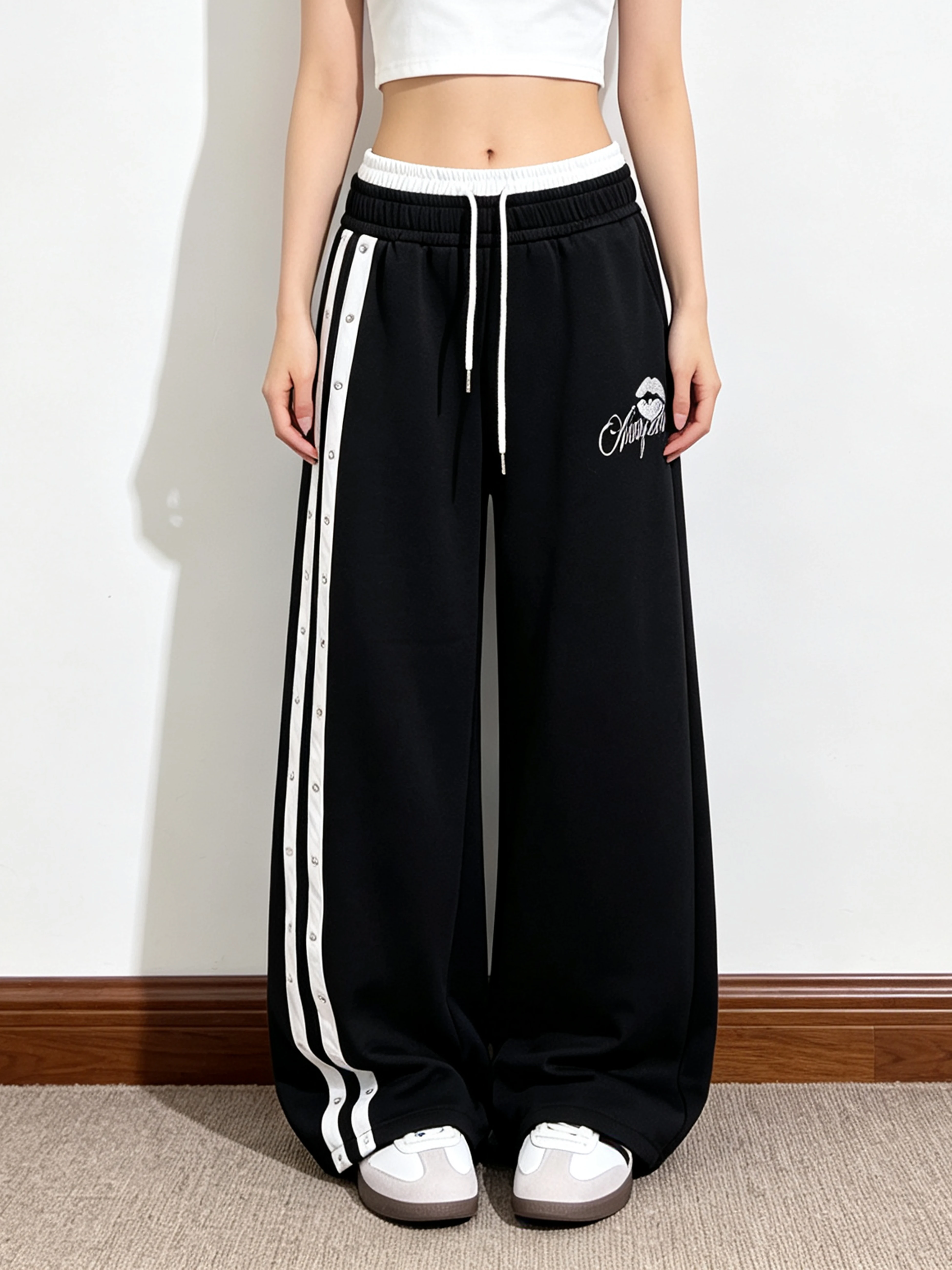 American Color Block Rivet Striped Wide Leg Pants Letter Print Drawstring Hip Hop Style Couple Casual Trousers Small Ball
