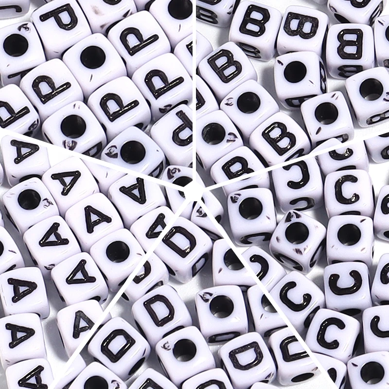 Cuentas cuadradas sueltas para fabricación de joyas, abalorios de letras del alfabeto, Color blanco y negro, 50-100 piezas