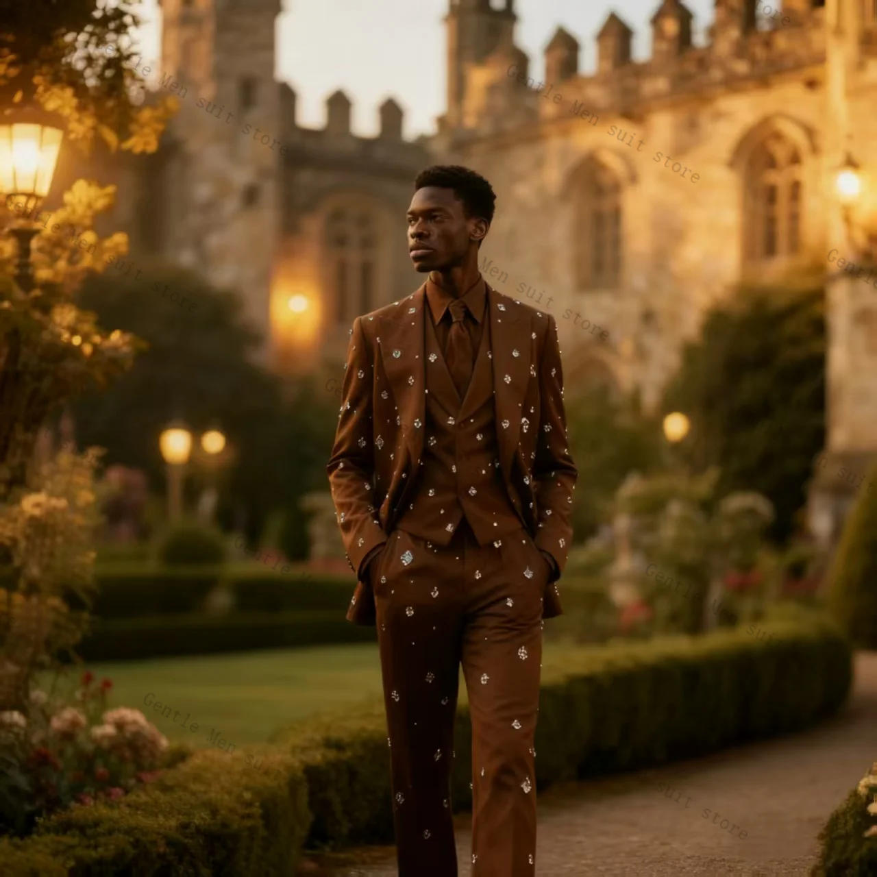 

Brown Crystals Men Suit Set 3 Piece Blazer+Vest+Pants Trousers Luxury Wedding Tuxedos Formal Office Jacket Coat Customized