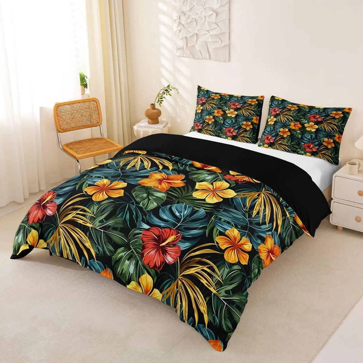 Tropical Plant Leaves Duvet Cover Queen Botanical Floral Bedding Set Summer Hawaii Comforter Cover Jungle Nature Theme Bed Set