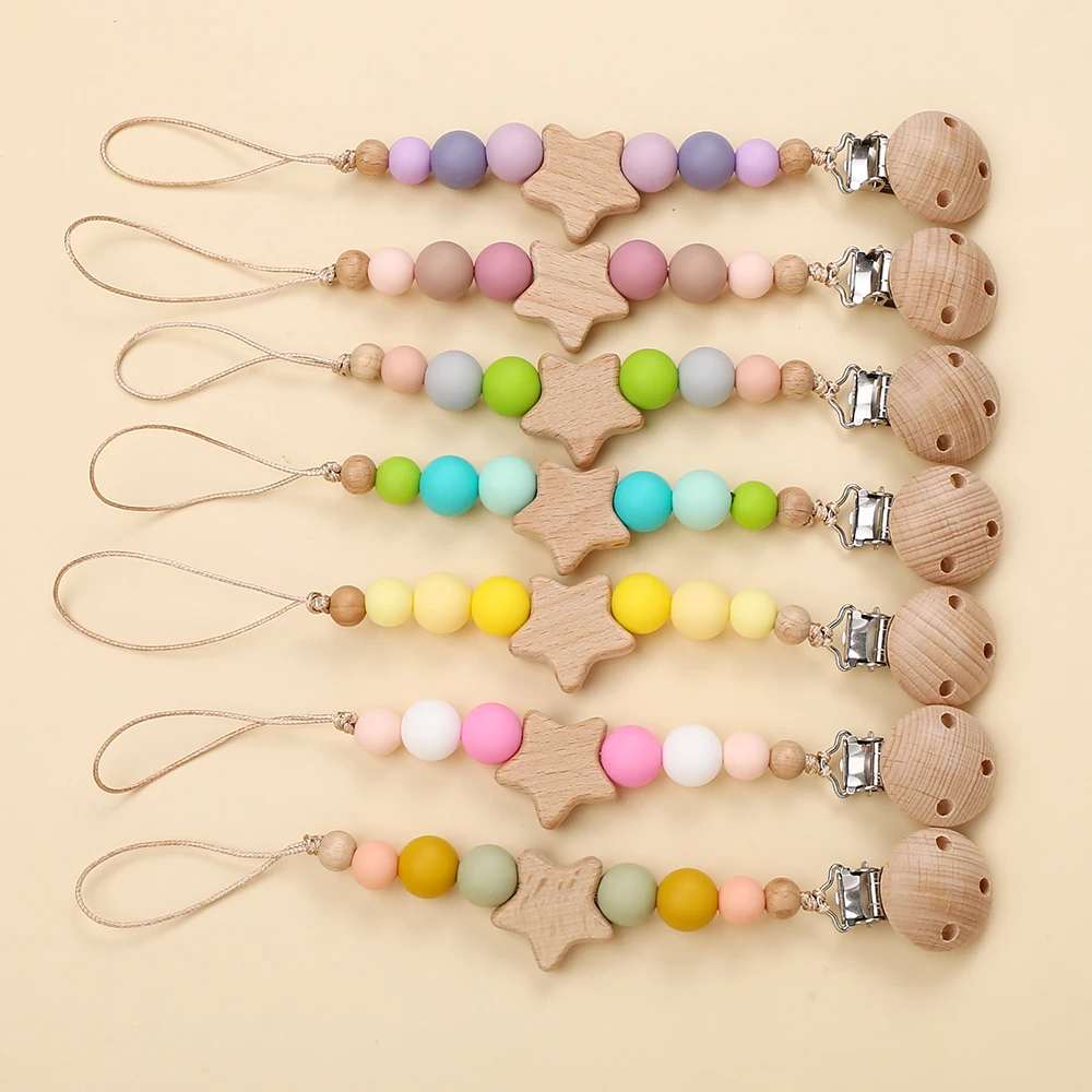 Baby Wooden Pentagram Pacifier Clip Chain Candy Color Nipples Chew Children Pacifier Clips Pacifier Teether Teething Toy Bracket