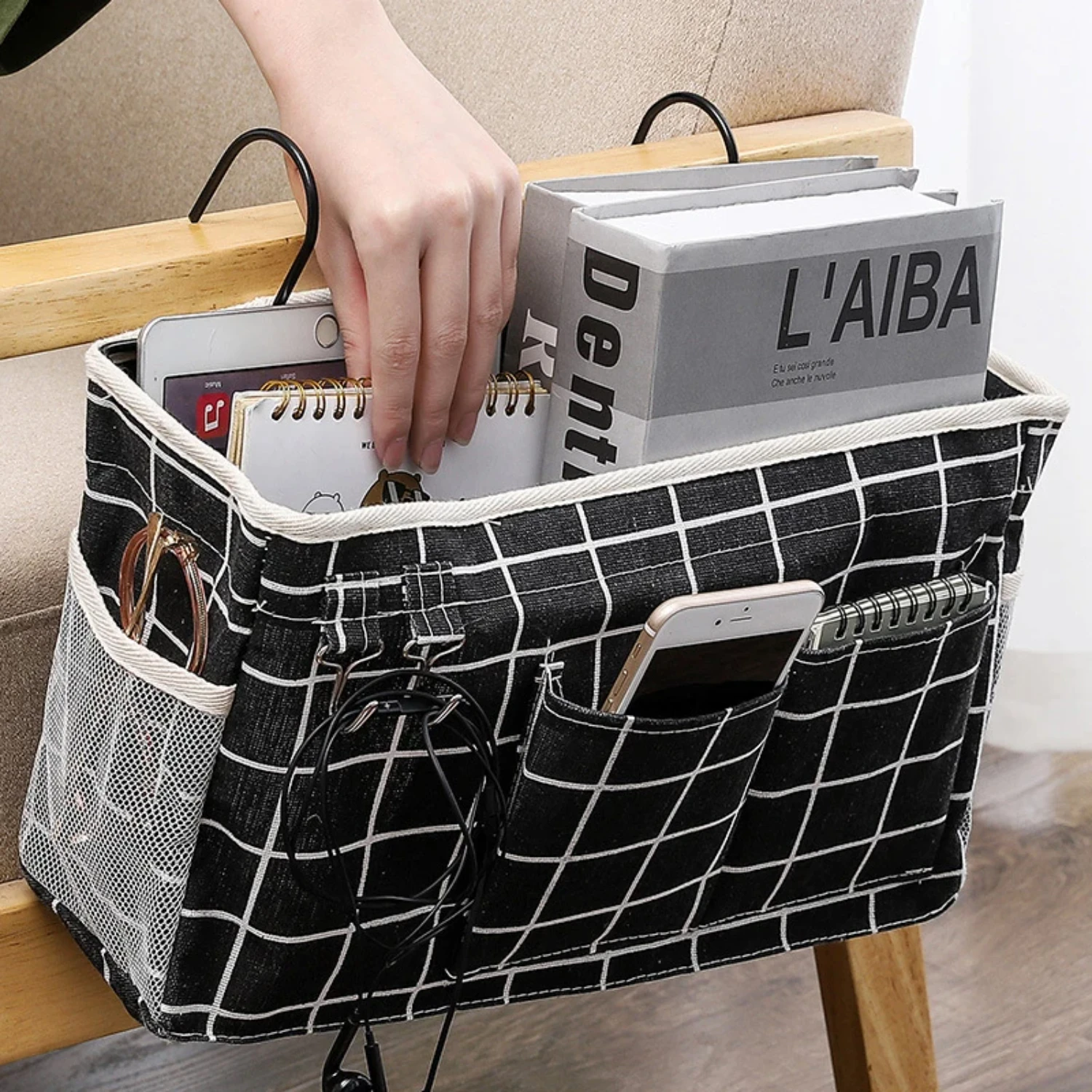 Organize your bedside essentials with this convenient Caddy Hanging Organizer for Dorm Rooms, Bunk Beds, Hospital Beds, and Bed