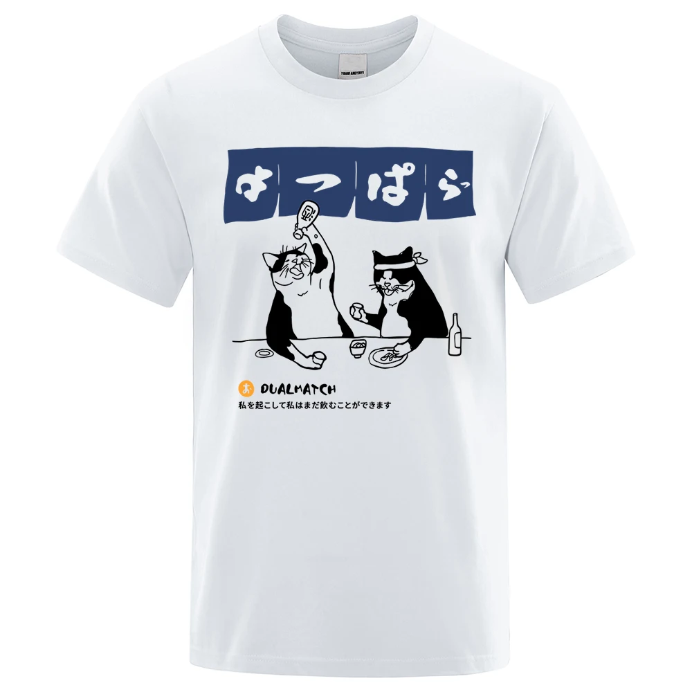 Harajuku Japanese Cat Drinking Tops Mens Fashion O-Neck T-Shirt Street Summer Oversized Clothing Hip Hop Sweat Cotton Tshirts