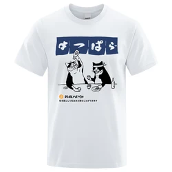 Harajuku Japanese Cat Drinking Tops Mens Fashion O-Neck T-Shirt Street Summer Oversized Clothing Hip Hop Sweat Cotton Tshirts