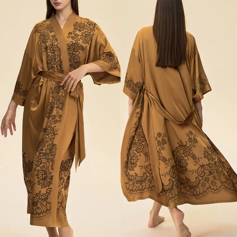 

Autumn Spring New Rayon Home Clothes Ice Silk Kimono Bathrobe Female Print Flower Pajamas Robe Long Intimate Lingerie Sleepwear