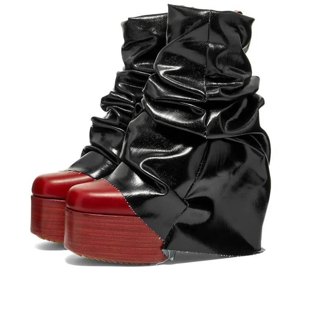 Avant-Garde Style Black Ruched Patent Leather Platform Boots Red Toe Oversized Slouchy Design Casual Chunky Heels Ankle Boots