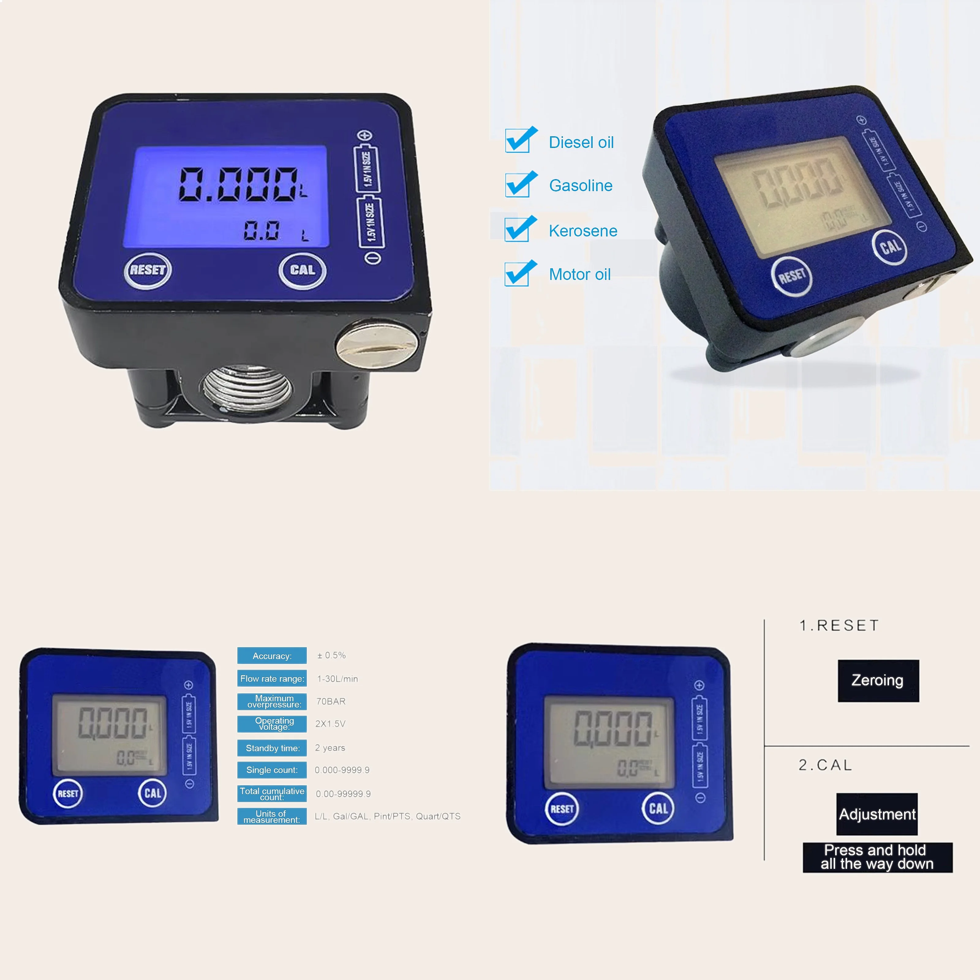 Flowmeter Gauge LCD Display High Accuracy Fuel Diesel Flow Meter 1/2 Sensor Counter