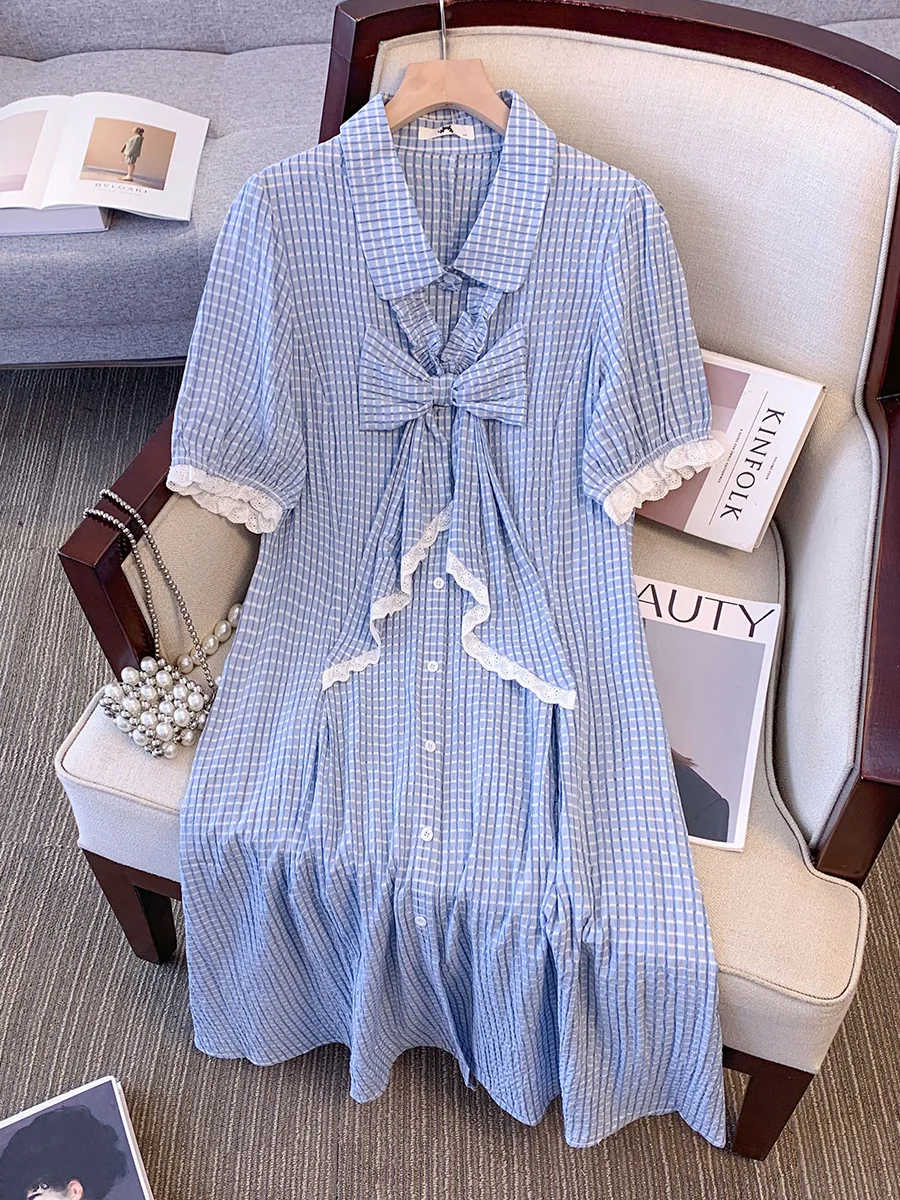 

150Kg Plus Size Women's Bust 155 Summer Loose Blue Plaid Short Sleeved Polo Collar Dress 5XL 6XL 7XL 8XL 9XL