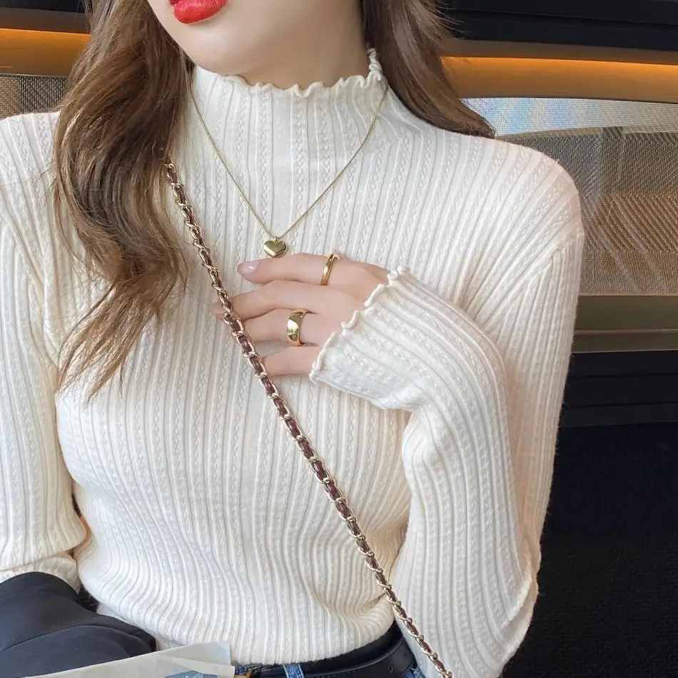 2023 Autumn Winter Women's Turtleneck Sweaters White Knitted Pullovers Y2k Sweater Long Sleeve Slim Jumper Tops Soft Pull Femme